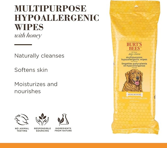 Burt's Bees for Pets Honey Multipurpose Dog Grooming Wipes, Gentle Hypoallergenic Spot Cleaning Sheets, pH Balanced Natural Origin Formula for Paws, Face and Butt, 50 Count - 3 Pack