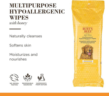 Burt's Bees for Pets Honey Multipurpose Dog Grooming Wipes, Gentle Hypoallergenic Spot Cleaning Sheets, pH Balanced Natural Origin Formula for Paws, Face and Butt, 50 Count - 3 Pack