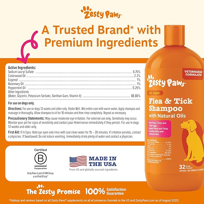 Zesty Paws Flea and Tick Shampoo for Dogs - Veterinarian Formulated Flea Shampoo for Dogs to Kill Fleas, Ticks & Their Eggs - Soothes Itchy & Irritated Dog Skin - Cedarwood, Rosemary & Peppermint Oil