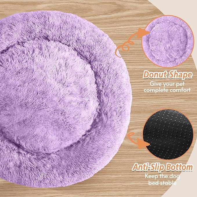 JOLLYVOGUE Calming Small Dog & Cat Bed for Indoor Cats - 20 inches Washable Donut Bed for Kittens & Puppies, Anti-Anxiety Round Fluffy Plush Pet Beds (Fits up to 15 lbs, Purple)