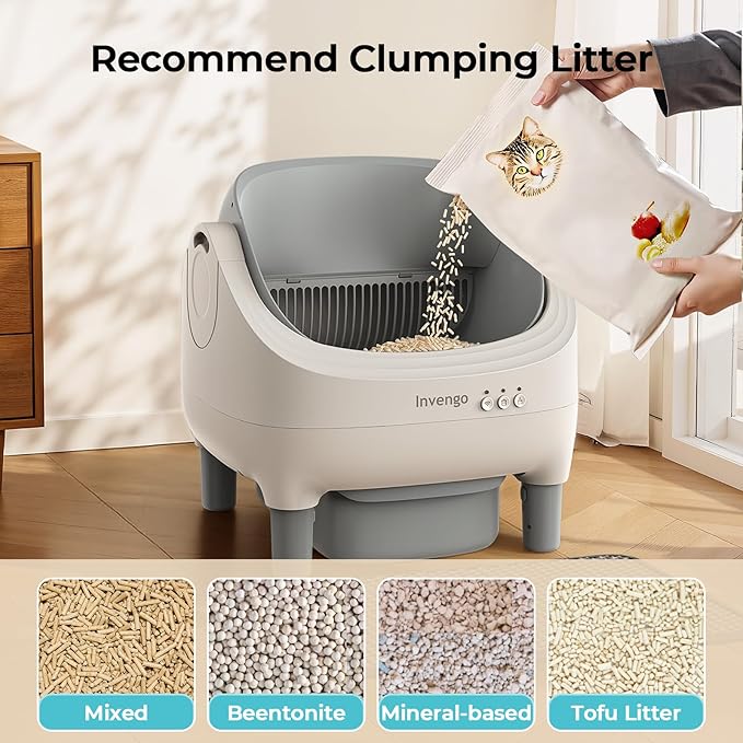 Automatic Cat Litter Box Self Cleaning, App Control, Open-Top Automatic Litter Box with Safety Sensors, Ultra-Quiet, 10.5L Waste Bin with Odor Control, 2 Rolls of Garbage Bags, Grey White