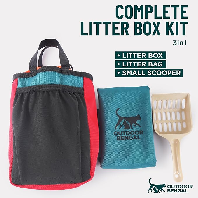OutdoorBengal Travel Litter Box for Cats (3in1 Kit) – Foldable Litterbox + Litter Bag + Scooper (Portable Litter Box for Cat Traveling) Collapsible Litterbox for Car Travel with Cat, Camping, Plane