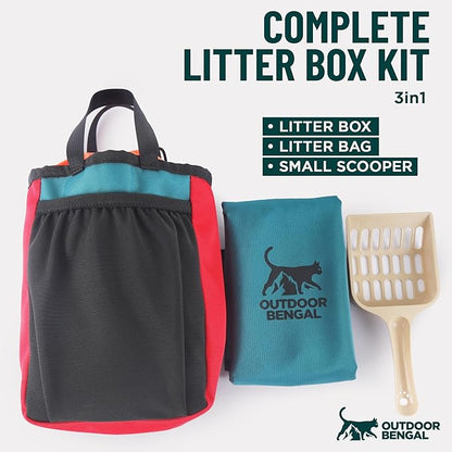 OutdoorBengal Travel Litter Box for Cats (3in1 Kit) – Foldable Litterbox + Litter Bag + Scooper (Portable Litter Box for Cat Traveling) Collapsible Litterbox for Car Travel with Cat, Camping, Plane