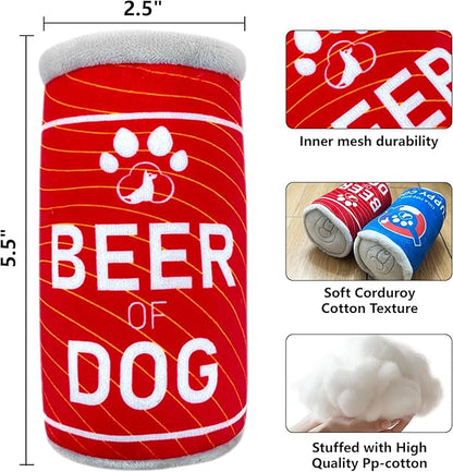 Squeaky Plush Dog Toys 2 Pack - Funny Beer Puppy Toys with Squeaker for Small Medium Large Dogs, Soft Stuffed Chew Toys for Birthday Gifts(Red&Orange)
