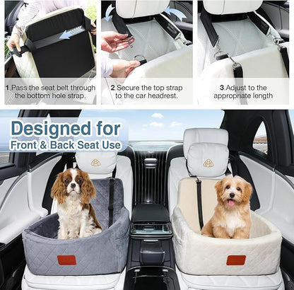 WOOAIDAGG Dog Car Seat for Under 30lbs Dogs,Comfy Febric Fill in Memory Foam,Washable and Detachable Pet Travel Car Bed,Anti-Slip Bottom,2 Safety Leashes & Storage Pockets(Beige)