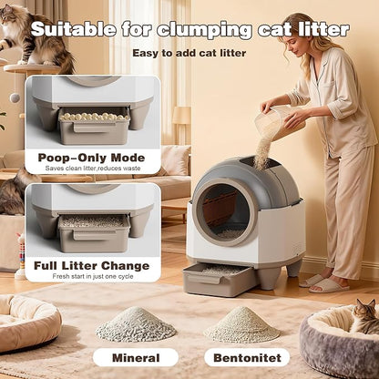 Greesum UltraSmart AutoClean Litter Box - 90L Large Capacity for Multi-Cat Households with Safeguard Tech, APP Control, Odor-Free Design & Mat/1 Roll Litter Bag