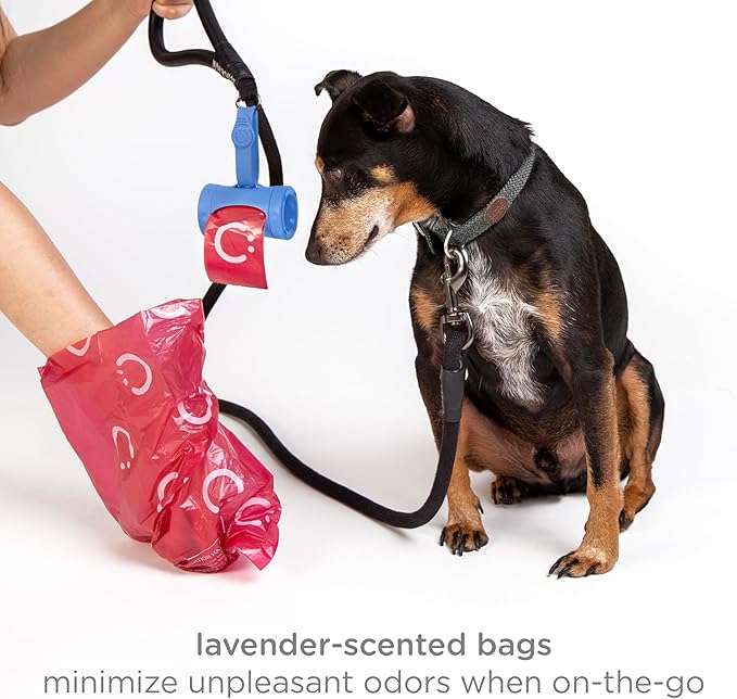 Ubbi Retractable Dog Poop Bag Holder and Dispenser with Silicone Strap Leash Attachment, Includes 2 Rolls of Lavender Scented Leakproof Waste Bags, Blue