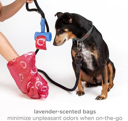 Ubbi Retractable Dog Poop Bag Holder and Dispenser with Silicone Strap Leash Attachment, Includes 2 Rolls of Lavender Scented Leakproof Waste Bags, Blue
