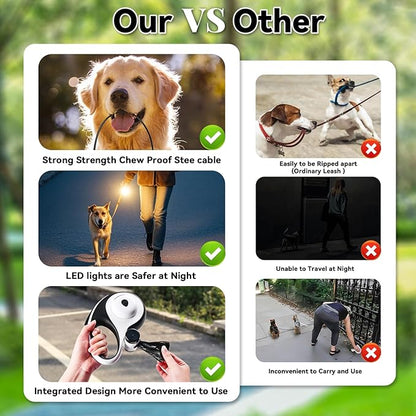 26ft Heavy Duty Retractable Dog Leash for Large Dogs, Dog Leash with Poop Bag Holder, Up to 100lbs, With LED Light, Chew Proof Cable, One-Handed Pause & Lock, 360° No Tangle. (White+, 26Ft)