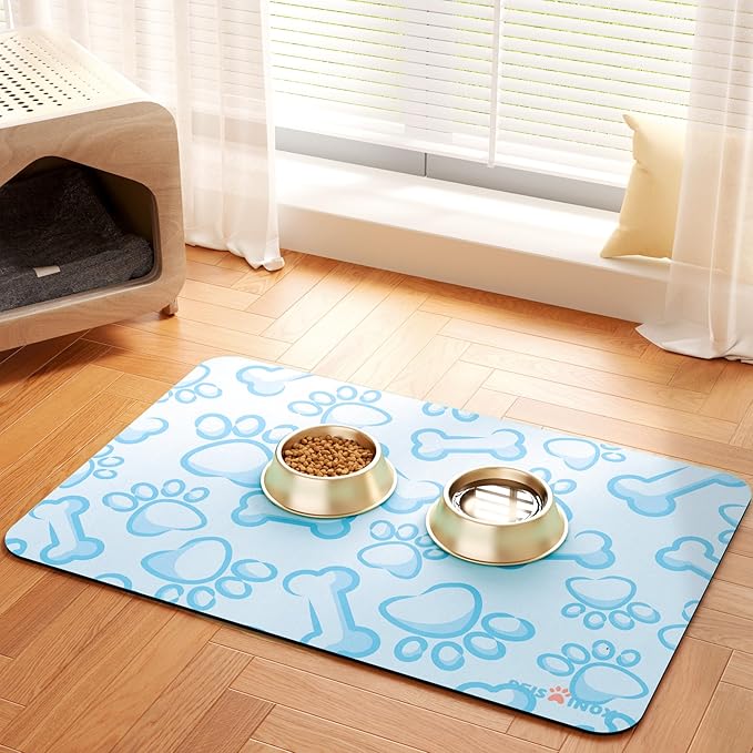 Cat Dog Food Mat, Rapid Water Absorption Dog Mat for Food and Water,100% Waterproof Cat Dog Bowl Mat,16"x24"-Blue