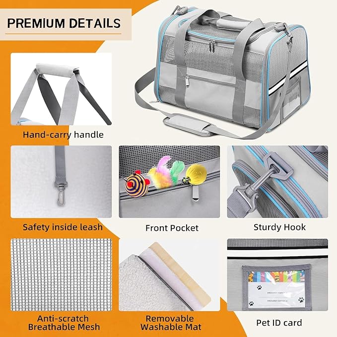 Heavy Duty 20 Inch Cat Carrier with Double Doors, Collapsible Airline Approved Pet Crate for Large Cats, Easy-Clean Travel Kennel for Car, Vet, Airport, Home Use, Light Grey
