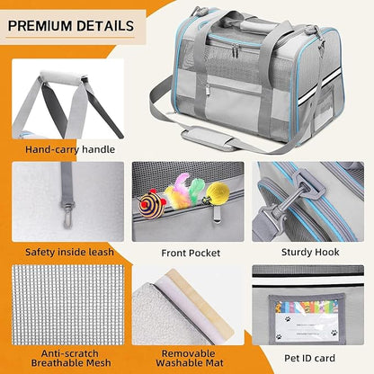 Heavy Duty 20 Inch Cat Carrier with Double Doors, Collapsible Airline Approved Pet Crate for Large Cats, Easy-Clean Travel Kennel for Car, Vet, Airport, Home Use, Light Grey