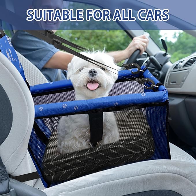 PetsHome Dog Car Seat Foldable Dog Car Booster Seat Waterproof Breathable Oxford Travel Bag for Small to Medium Dogs, Puppies, and Pets-Pattern Blue+Mat