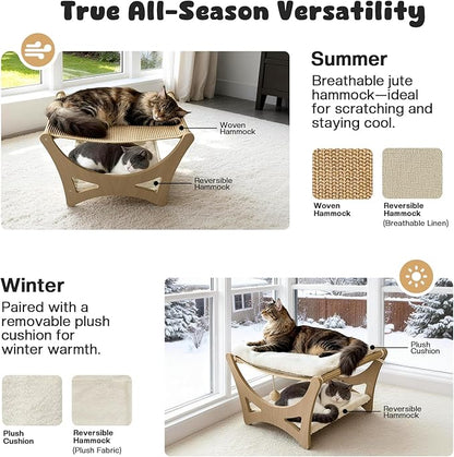 Double-Layer Cat Hammock Bed, Wooden Elevated Cat Beds with Natural Sisal Scratching Mat, Cats Scratcher Bed with Removable Soft Cushion, Cats Scratching Beds with Wood Frames