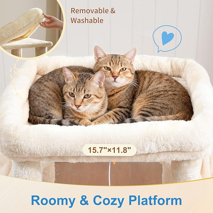 Hey-brother Cat Tree Tower with Extra Large Platform, Spacious Condo, 2 Cozy Hammocks, Self-Grooming Brush, Sisal Scratching Posts for Big Indoor Adult, Maine Coon, 35.4 Inches, Beige MPJ060M