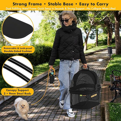 PAWZIDEA Portable Small Dog Crate for Car Travel up to 33lb, Enclosed Dog Car Seat Soft-Sided, Escape-Proof Reversible No-Zip Canopy, Foldable Pet Carrier Seatbelt for Small Medium Puppy & Cats Kennel