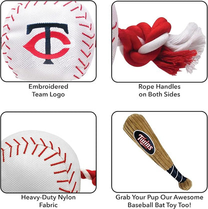 MLB MINNESOTA TWINS Baseball Rope Toy for DOGS & CATS. Tough nylon, Sporty Baseball Design, Heavy-duty ropes with Inner SQUEAKER
