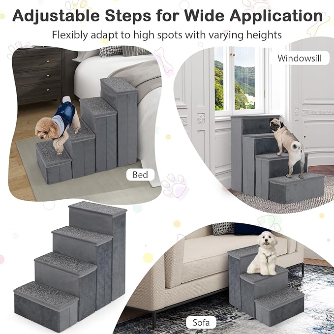 Giantex Dog Stairs with Storage - 23" H Folding 4-Step Pet Stairs for Small and Medium Dogs, Non-Slip & Soft Adjustable Dog Steps for High Beds Couch Sofa Window, Gray