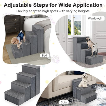 Giantex Dog Stairs with Storage - 23" H Folding 4-Step Pet Stairs for Small and Medium Dogs, Non-Slip & Soft Adjustable Dog Steps for High Beds Couch Sofa Window, Gray