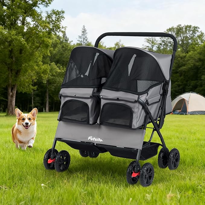 PETSITE Double Pet Stroller, Foldable Double Dog Stroller with 2-Seater Carrier, Adjustable Sunshade, Removable Pad, Safety Belt, Storage Basket, 4-Wheel Pet Travel Cart for 2 Puppies & Cats (Grey)