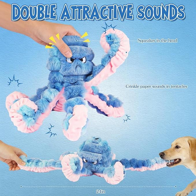 Tough Octopus Dog Toy, Interactive Squeaky & Crinkle Tug of War Toy for Aggressive Chewers, Large Durable Plush Chew Toys to Keep Dogs Busy- Crinkle Octopus, Large (Blue)