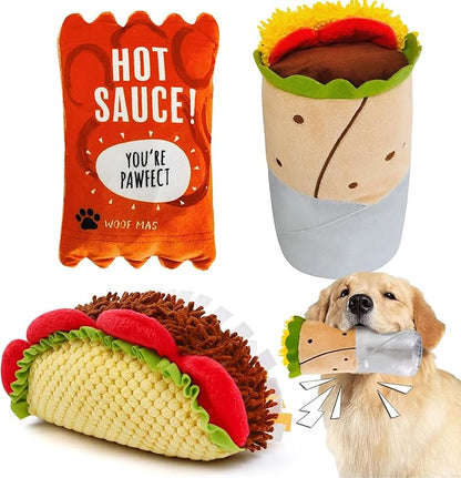 Prime Pets Plush Dog Toys Set, 3 Pack, Crinkle Squeaky Dog Toys, Food Shaped Pet Toy for Small Medium Large Dogs, Stuffed Puppy Chew Toy