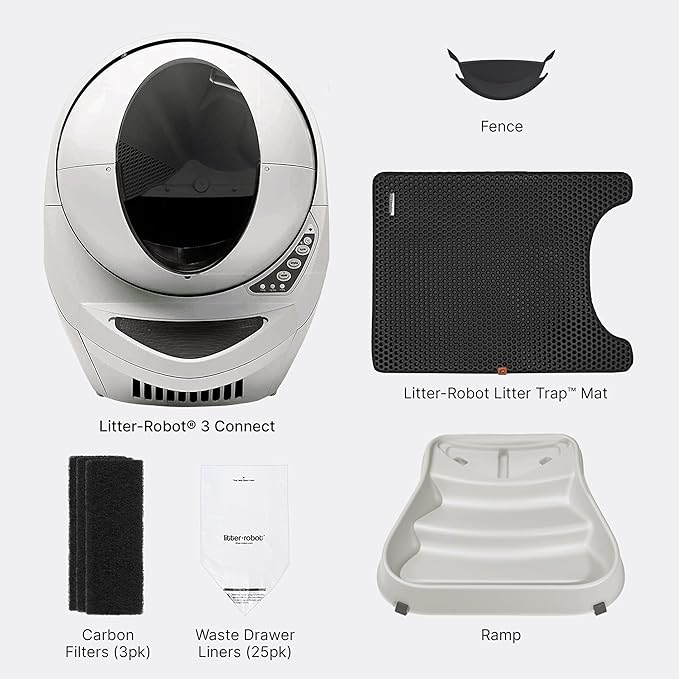 Litter-Robot 3 Connect Core Bundle by Whisker, Beige - Includes Automatic, Self-Cleaning Litter Box, LitterTrap Mat, Fence, Ramp, 25 Liners, 3 Carbon Filters & WhiskerCare 1-Year Warranty
