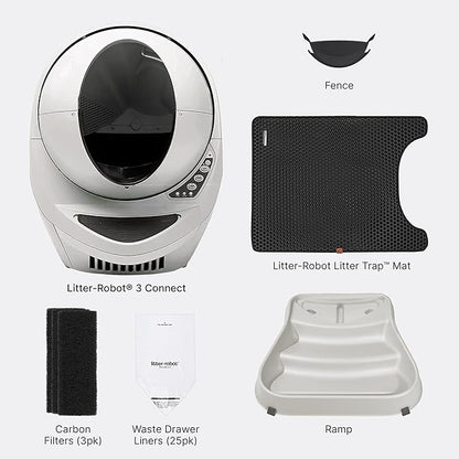 Litter-Robot 3 Connect Core Bundle by Whisker, Beige - Includes Automatic, Self-Cleaning Litter Box, LitterTrap Mat, Fence, Ramp, 25 Liners, 3 Carbon Filters & WhiskerCare 1-Year Warranty