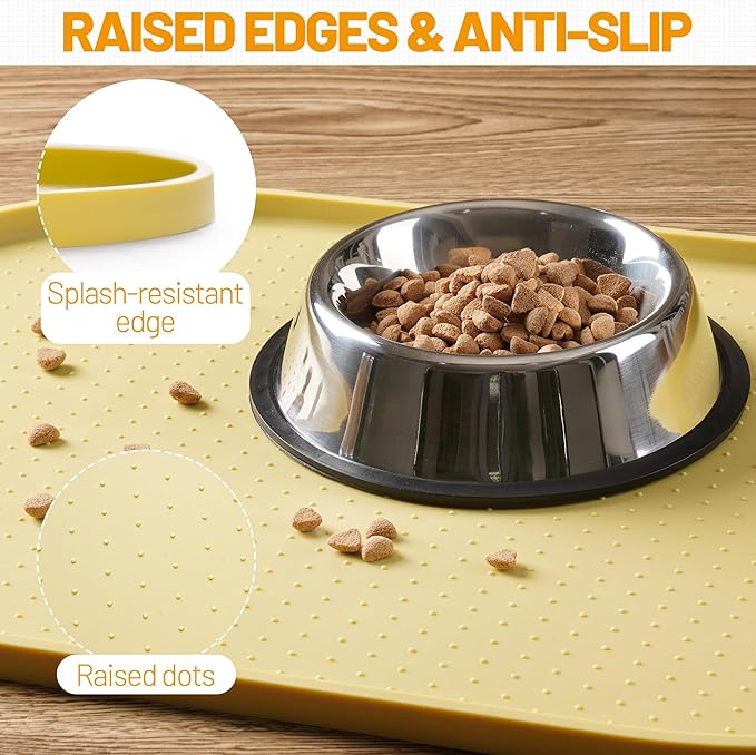 Hubulk 100% Waterproof Silicone Pet Feeding Mat with Raised Edge for Food and Water, Dog Bowl Mats, Cat Bowls Placemat with High Lip Protects Floor for Cats and Dogs (Yellow, 19" L x 12" W)