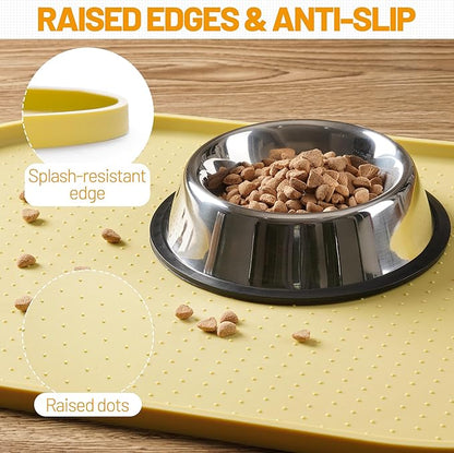 Hubulk 100% Waterproof Silicone Pet Feeding Mat with Raised Edge for Food and Water, Dog Bowl Mats, Cat Bowls Placemat with High Lip Protects Floor for Cats and Dogs (Yellow, 16" L x 10" W)