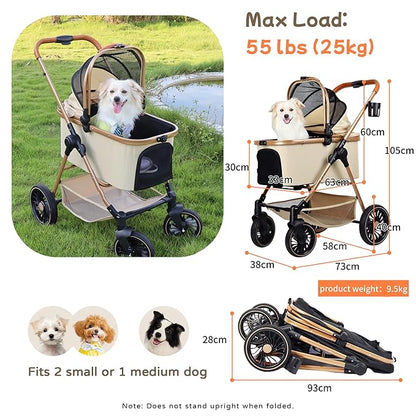 3-in-1 Pet Stroller for Small Dogs & Cats up to 33lbs, One-Touch Fold 4-Wheel Cart with Removable Carrier, Rear Brake & Storage Basket