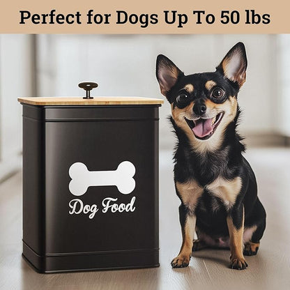 Dog Food Container Airtight 5-7 lb (25 Cup) Capacity - Cute Airtight Dog Food Storage Container with Bamboo Lid & Sturdy Metal Handle - Black Metal Kibble Storage Bin for Dogs up to 50 lbs - Pet Jar