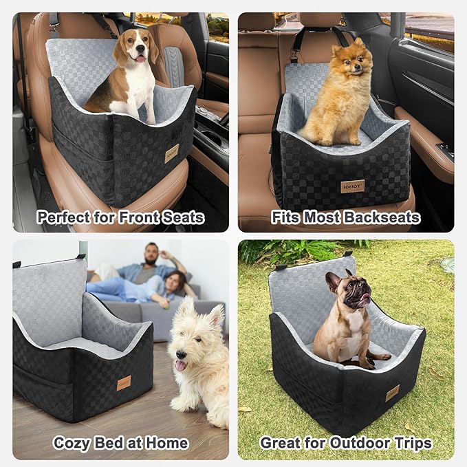 JOEJOY Elevated Dog Car Seat for Small/Medium Dogs up to 35 lbs, Memory Foam Booster Seat with Detachable Washable Cover, Travel-Safe Car Bed with Safety Belts & Storage Pockets, Grey
