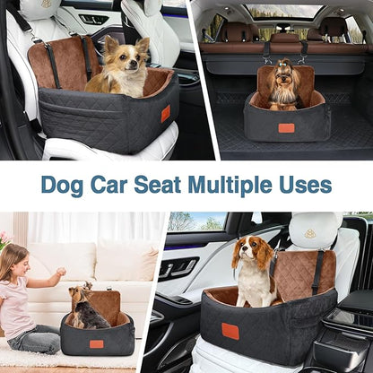 WOOAIDAGG Dog Car Seat for Small Dogs Under 30lbs,Ultra Soft Fabric & Memory Foam Pet Travel Car Bed,Washable & Detachable,Anti-Slip Bottom,2 Storage Pockets and Safety Tethers(Black/Brown)