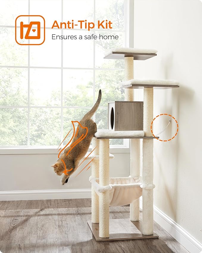 Feandrea Cat Tree, 56.3-Inch Modern Cat Tower, Multi-Level Plush Condo with Scratching Posts, Hammock, Washable Cushion, Heather Greige UPCT164G01