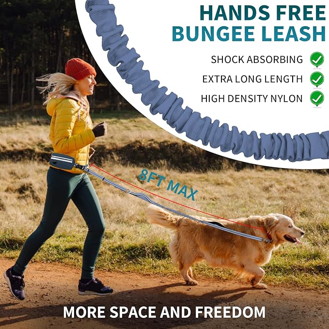 Hands Free Dog Leash with Removable Zipper Pouch, Dual Padded Handles and Durable Bungee for Walking, Jogging and Running-Your Dog (Large, 35-140 lbs Navy Blue