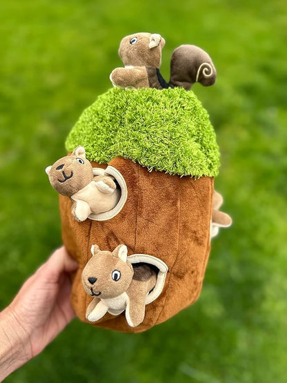 Glow Pups Squirrel in Tree Hide and Seek Plush Squirrel Inside Trunk Interactive Burrow Dog Toy for Small and Medium Size Dogs, Tree with Squirrels