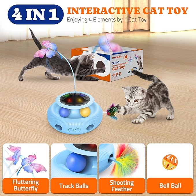 Pawtners Interactive Cat Toy 4 in 1 Automatic Cat Toy for Indoor Cats, Self Play Kitty Toy with Fluttering Butterfly, Track Ball and Feather Pack, Blue