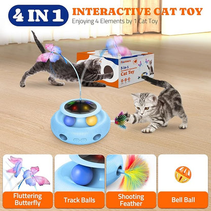 Pawtners Interactive Cat Toy 4 in 1 Automatic Cat Toy for Indoor Cats, Self Play Kitty Toy with Fluttering Butterfly, Track Ball and Feather Pack, Blue