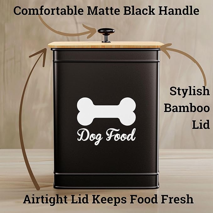 Dog Food Container Airtight 5-7 lb (25 Cup) Capacity - Cute Airtight Dog Food Storage Container with Bamboo Lid & Sturdy Metal Handle - Black Metal Kibble Storage Bin for Dogs up to 50 lbs - Pet Jar