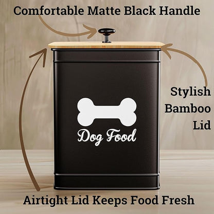 Dog Food Container Airtight 5-7 lb (25 Cup) Capacity - Cute Airtight Dog Food Storage Container with Bamboo Lid & Sturdy Metal Handle - Black Metal Kibble Storage Bin for Dogs up to 50 lbs - Pet Jar
