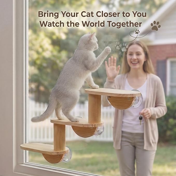 Cat Window Ladder 3-Levels for Indoor Cats Climbing Wood Window Shelf Cats Play and Watch Birds