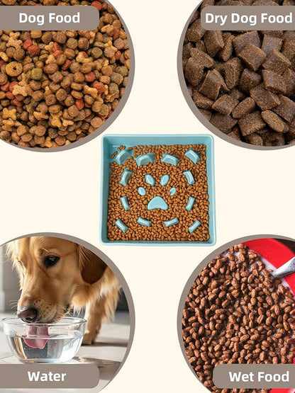 GDCZ Dog Slow Feeder Bowls, Square Ceramic Pet Food Bowl for Medium Breed, Fun Dog Bowls to Slow Down Eating (Turquoise, M-1.8 Cups)