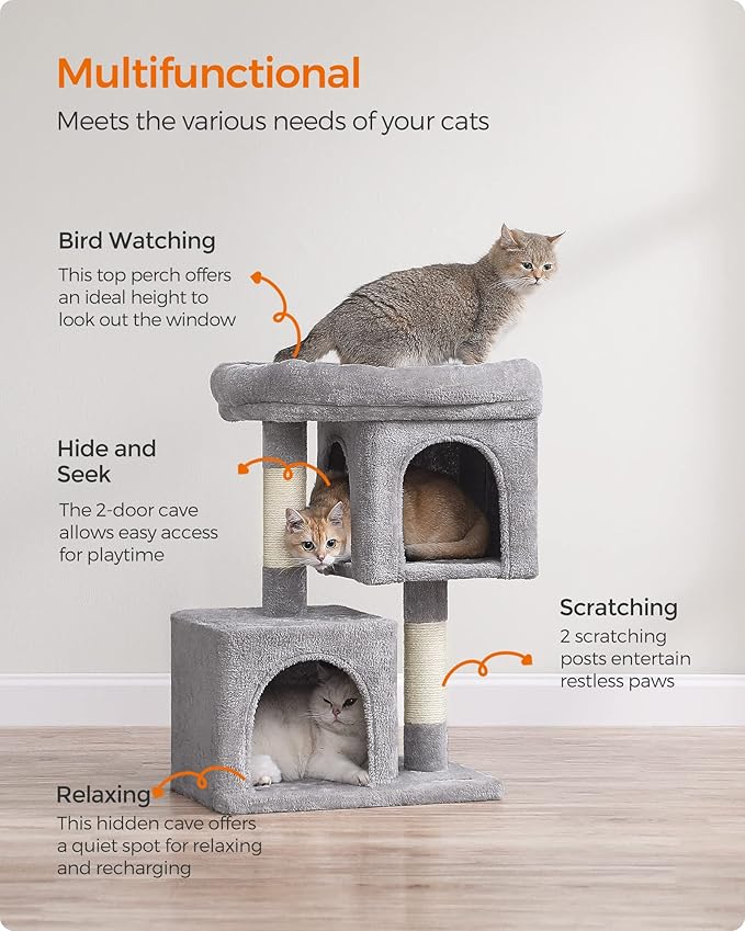 Feandrea Cat Tree, 29.1-Inch Cat Tower, Plush Condo for Medium Cats up to 11 lb, Large Perch, 2 Caves, Scratching Post, Light Gray UPCT612W01