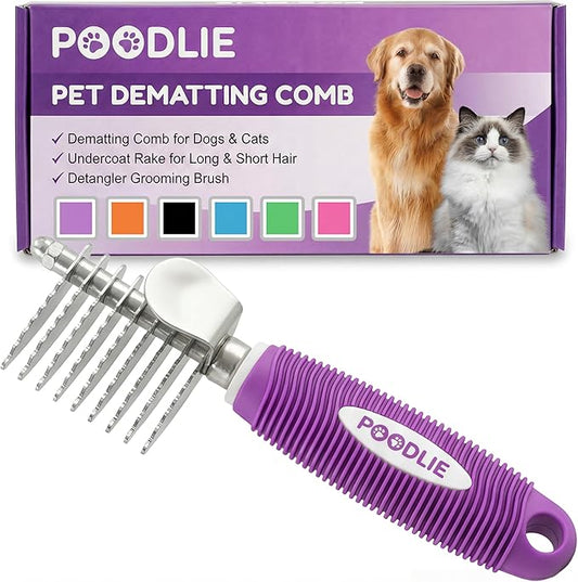 Poodle Dematting Fur Rake Comb Brush for Dogs and Cats - Long 2.5" Steel Safety Blades Metal Comb for Detangling Matted or Knotted Undercoat Hair