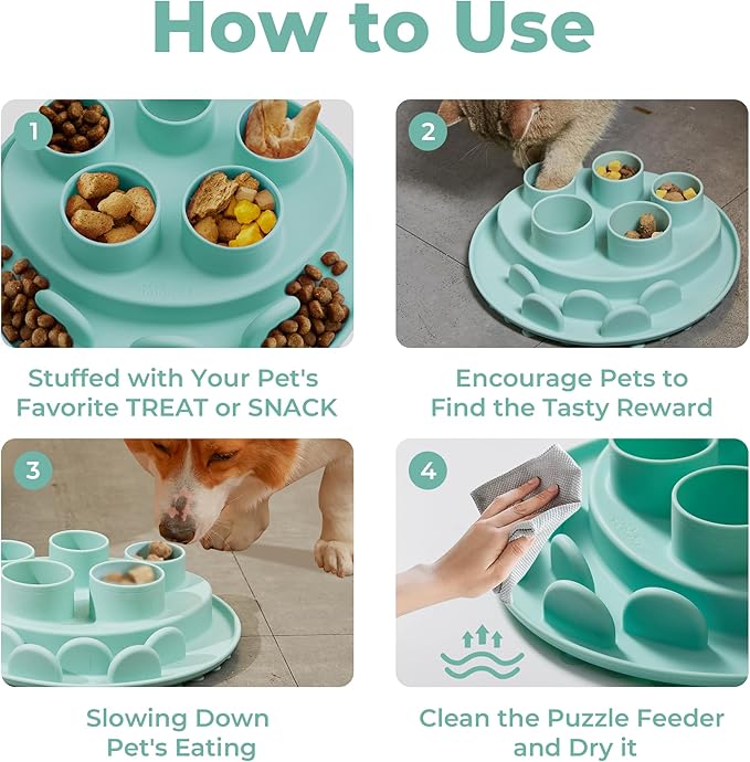 Puzzle Feeder Slow Feeder, Interactive Cat Puzzle Toy for Mental Stimulation, Silicone Cat Enrichment Toys, Reduces Boredom and Trains Intelligence, Green
