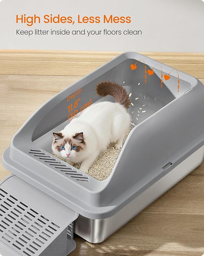 Feandrea Stainless Steel Cat Litter Box with Open Top, High Sided Litter Tray with Step, Scoop, Brush, for Cats up to 33 lb, Dove Gray UPPT008GN01