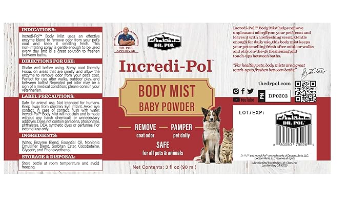 Dr. Pol Incredi-Pol Body Mist | Pet Deodorizer Spray & Dog Body Odor Eliminator | Dog Freshener & Odor Spray for Dogs | Safe for Dogs & Cats | Long-Lasting Scent | 3oz | Baby Powder