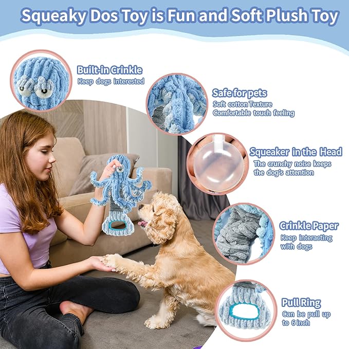 Squeaky Dog Toys, Octopus Dog Toy Interactive Tug of War Puppy Toy to Keep Them Busy(Blue)