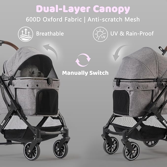 All-Terrain Dog Stroller for Small to Medium Dogs, Pet Stroller for Dogs & Cats Outdoor Walks, One-Hand Easy Fold, Double-Layer Anti-UV & Waterproof Canopy & Breathable Mesh, Charcoal Gray